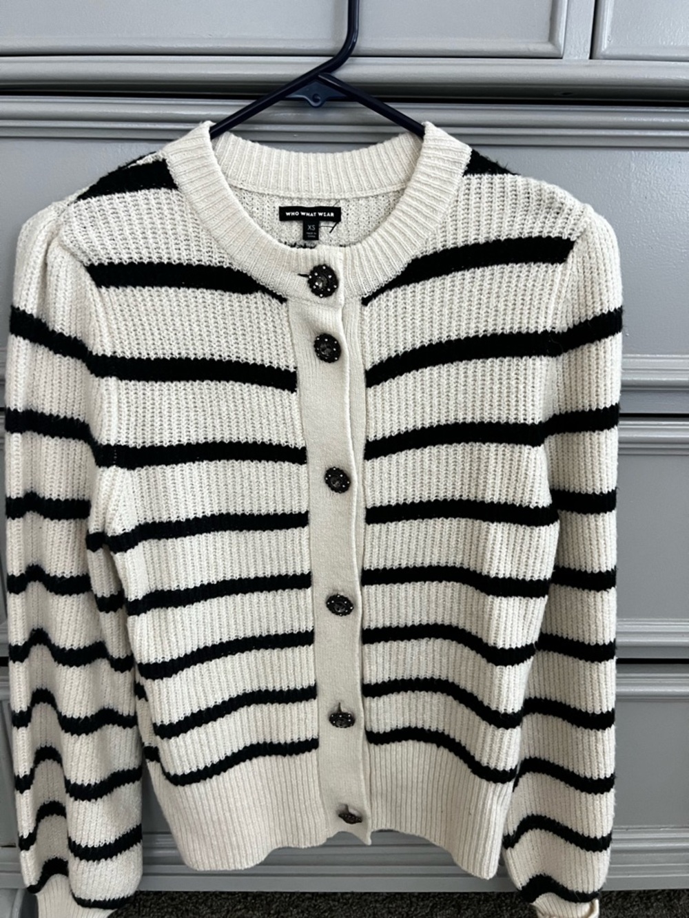 Who What Wear Cream and Black Striped Button-Up Cardigan